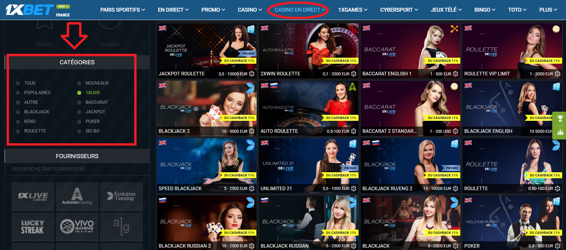 Options de paris 1xBet